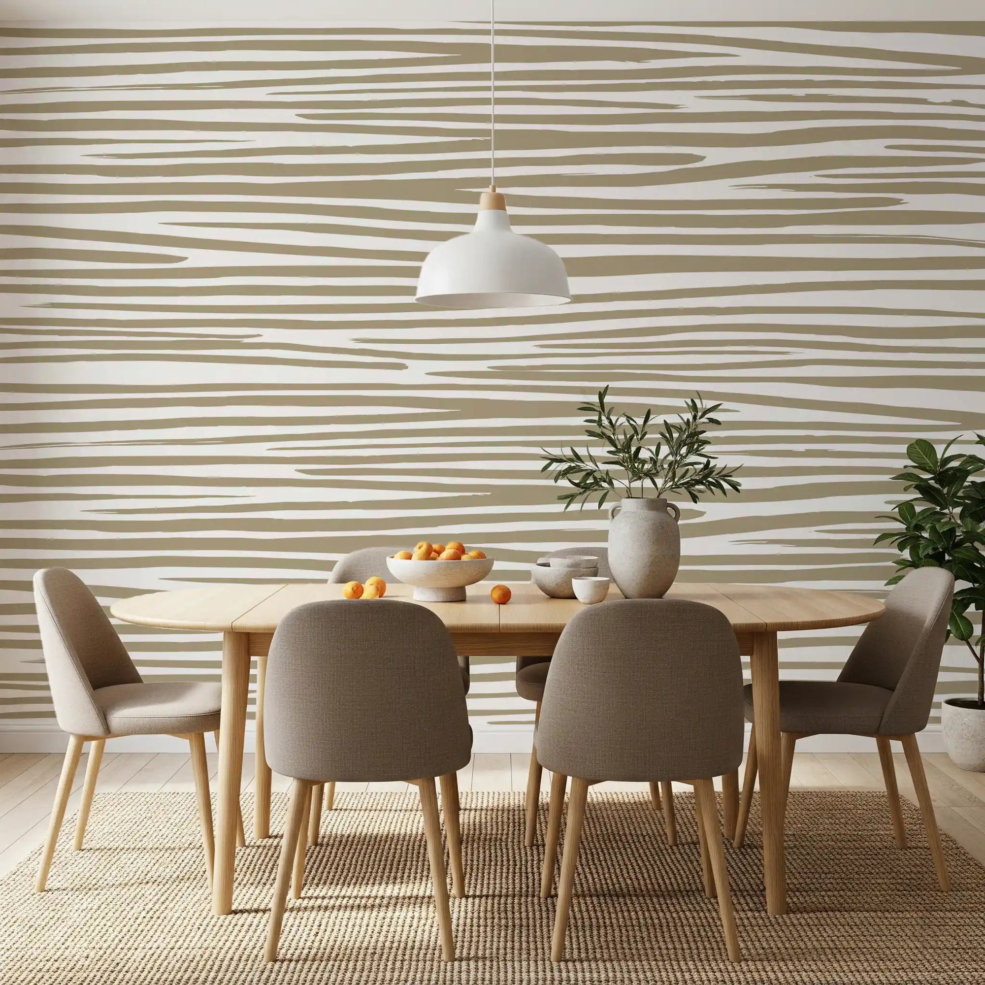 Sand Stripe Flow Wall Mural behind a round table in a warm dining room, GD8910