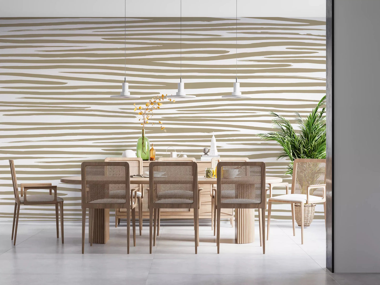 Bright dining area featuring Sand Stripe Flow Wall Mural and a light wood table