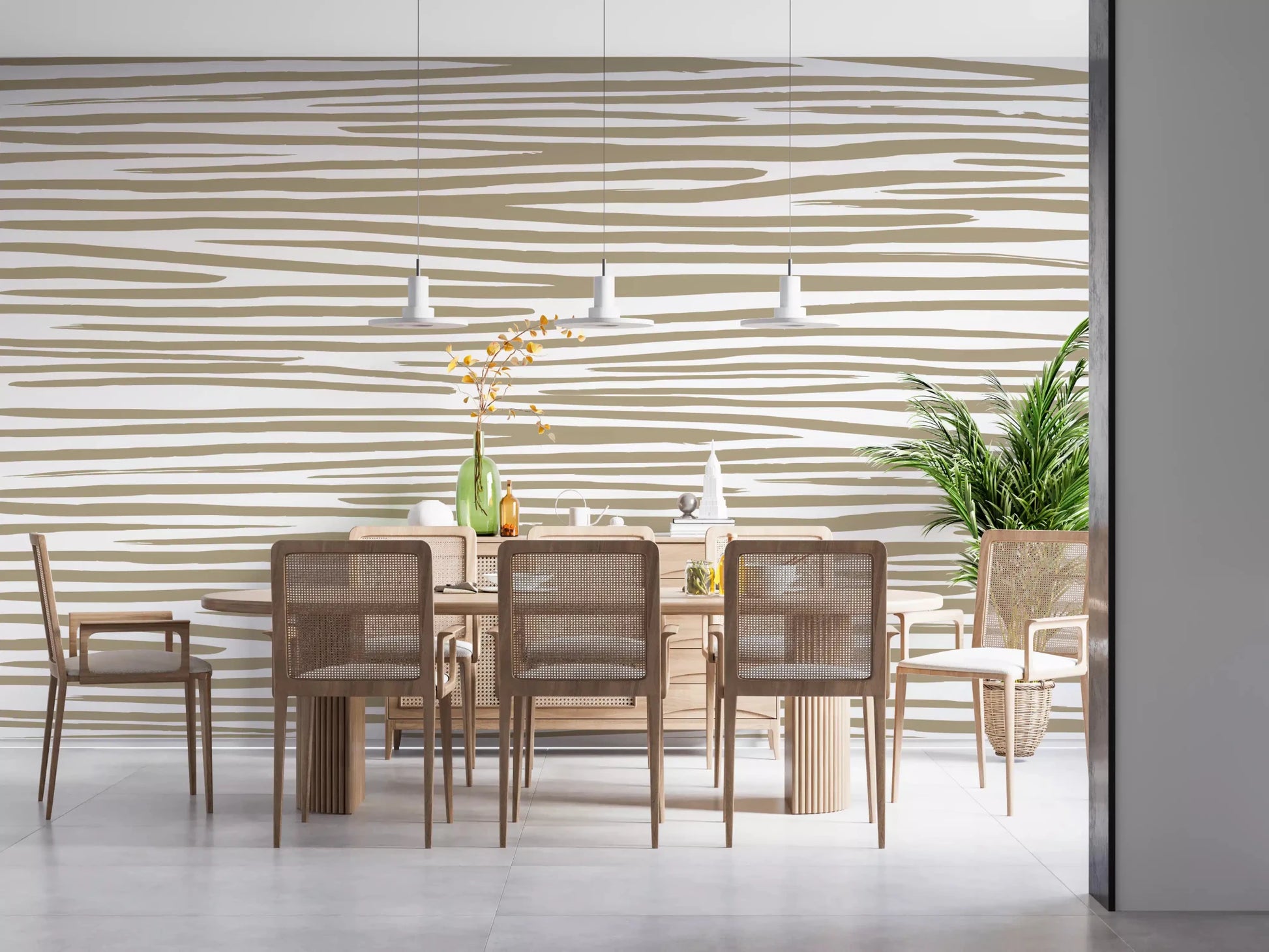 Bright dining area featuring Sand Stripe Flow Wall Mural and a light wood table