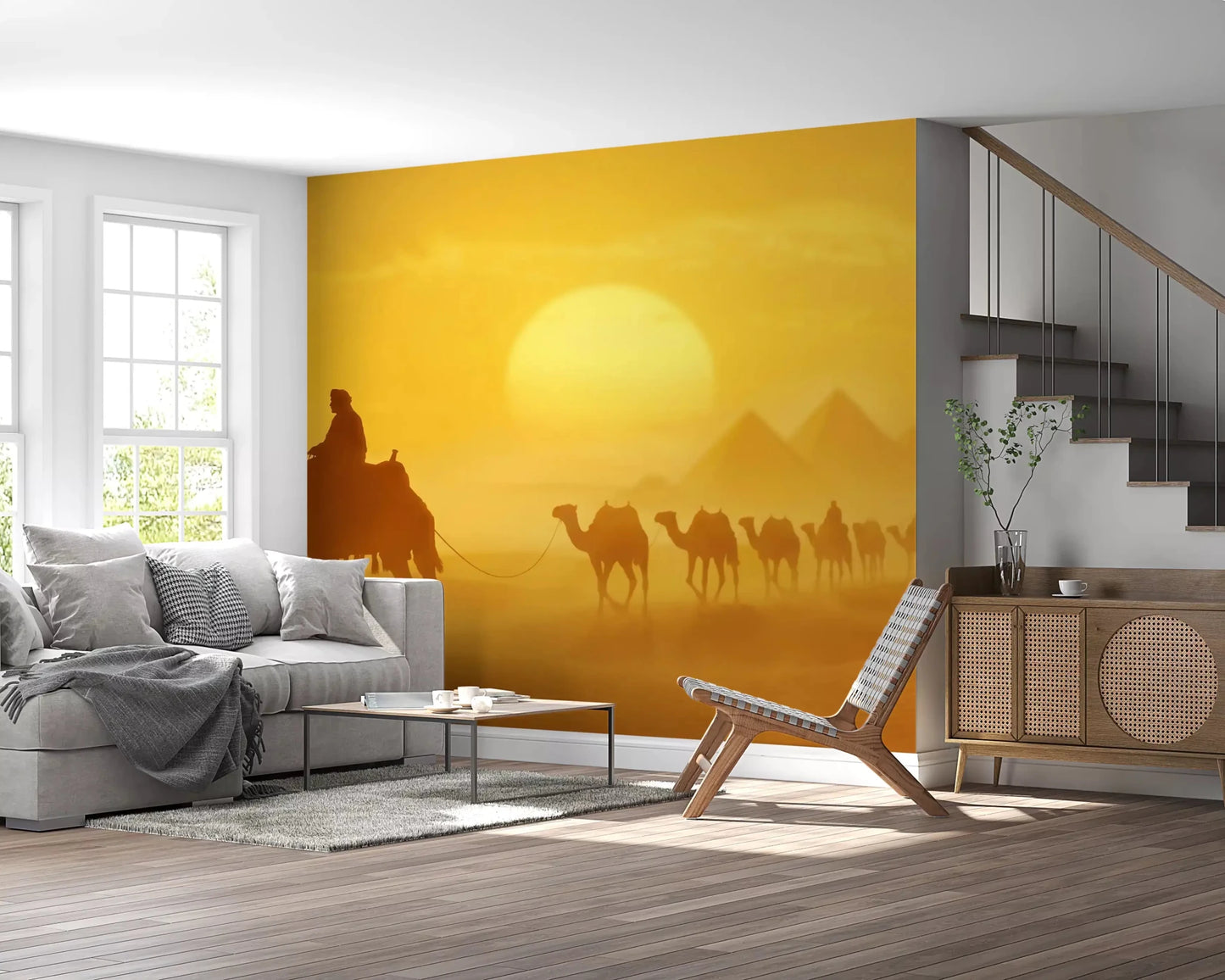 Hallway styled in Sands of Time wall mural with camel silhouettes, GD9325
