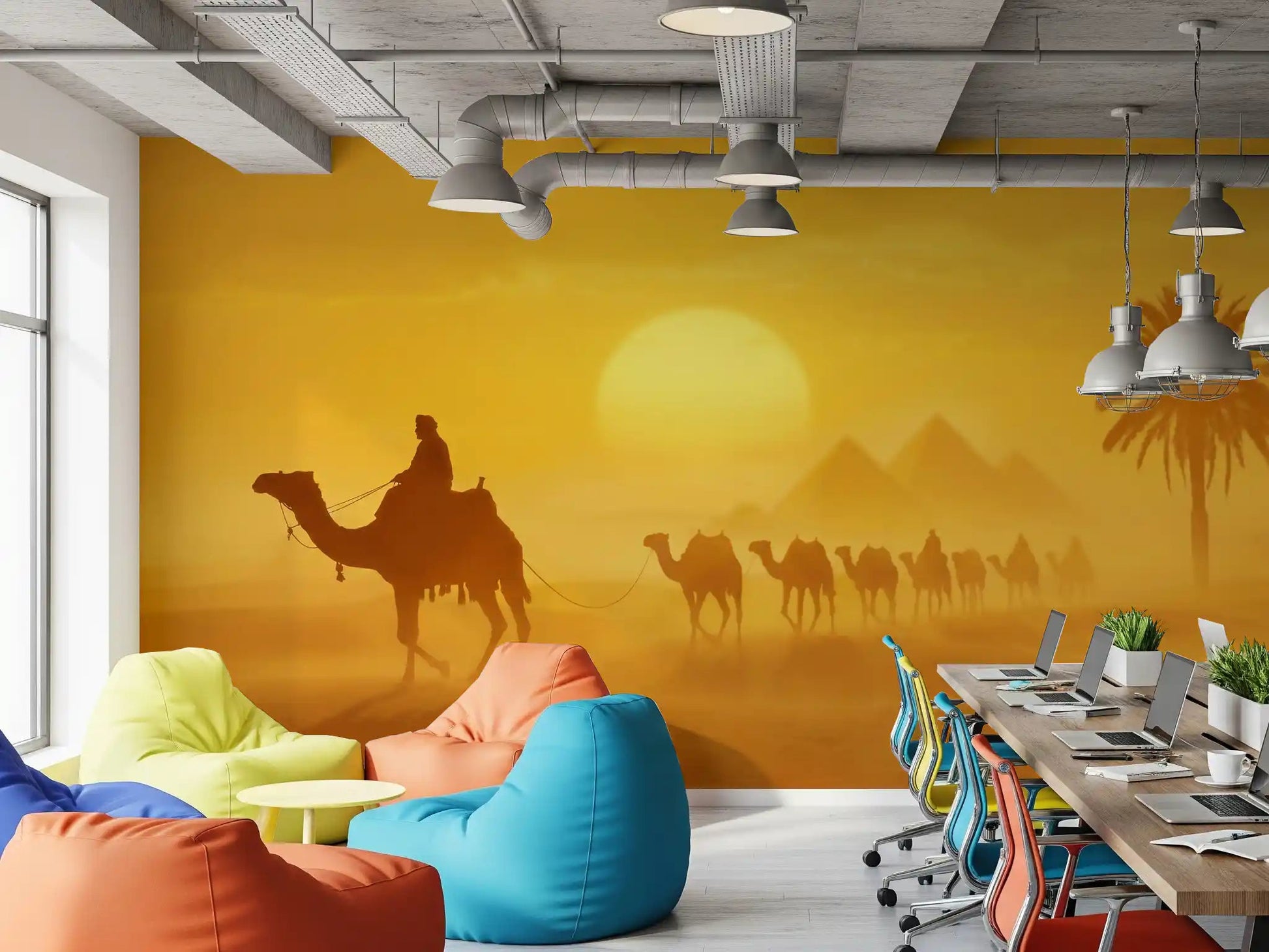 Office wall with Desert Caravan wall mural and glowing horizon, GD9325