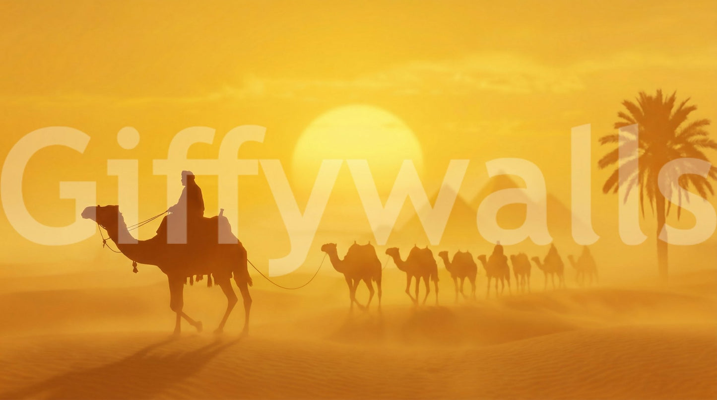 Wide horizon and camels in Golden Desert Caravan wall mural, GD9325