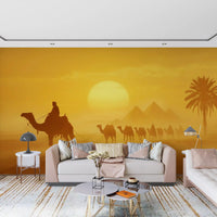 Camel silhouettes across Sands of Time wall mural at golden hour, GD9325
