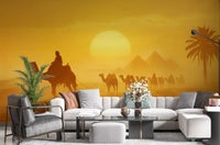 Living room with Golden Desert Caravan wall mural and dune glow, GD9325