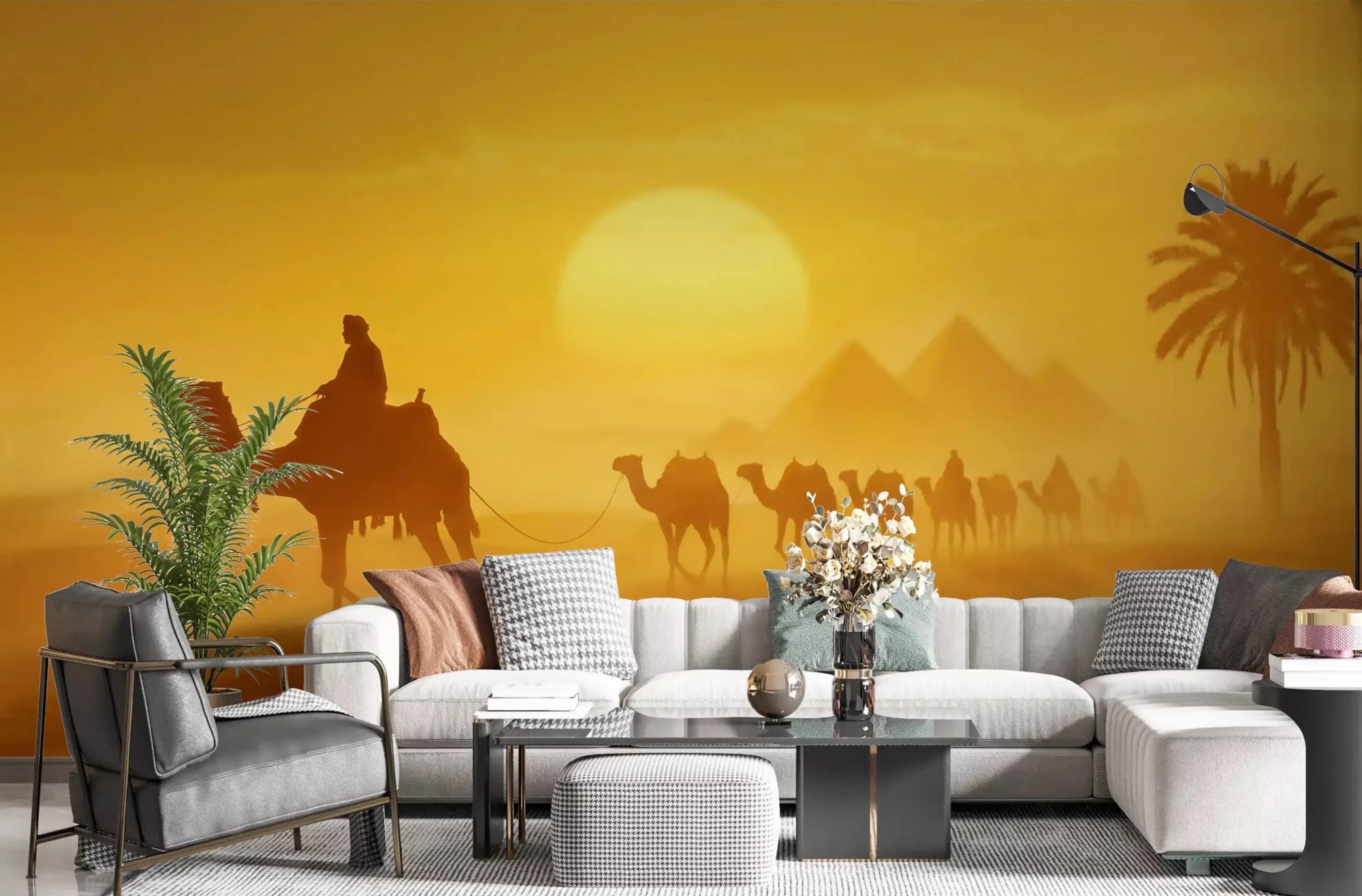 Living room with Golden Desert Caravan wall mural and dune glow, GD9325
