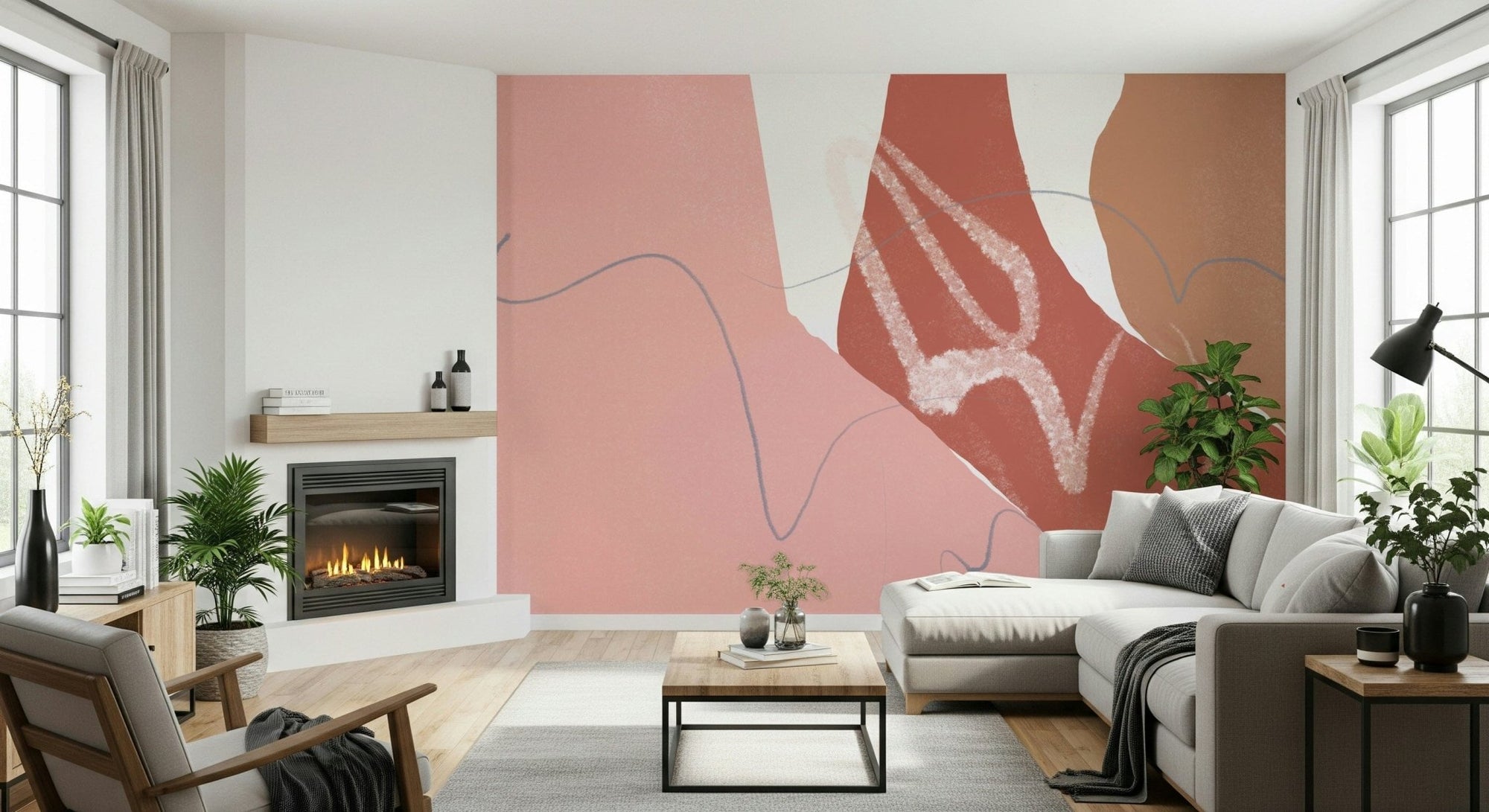 Sandy Blush Waves Wall Mural Whispery lines, dusky pink, placid abstract., GD6659