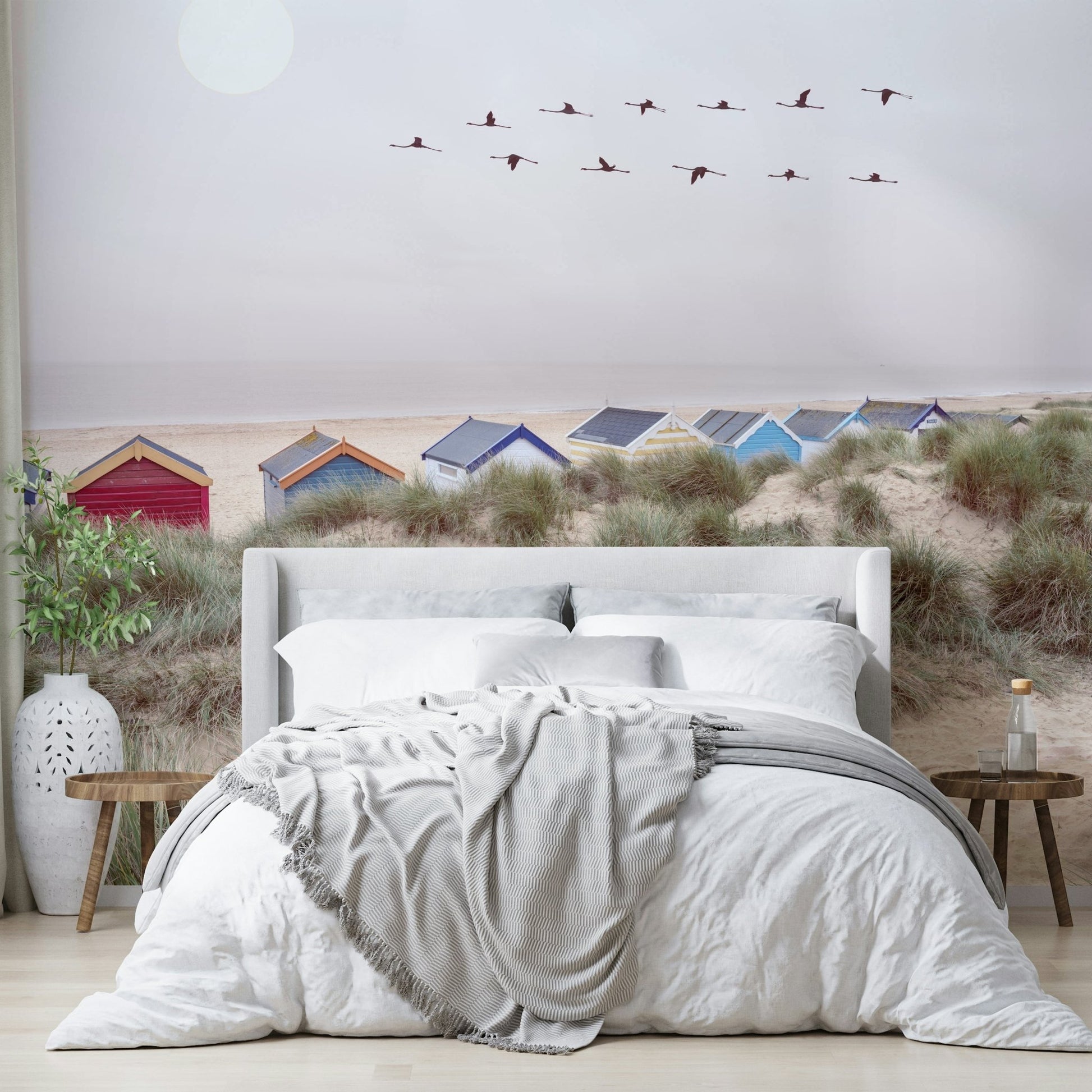 Soothing sandy shore mural for a calming room ambiance

