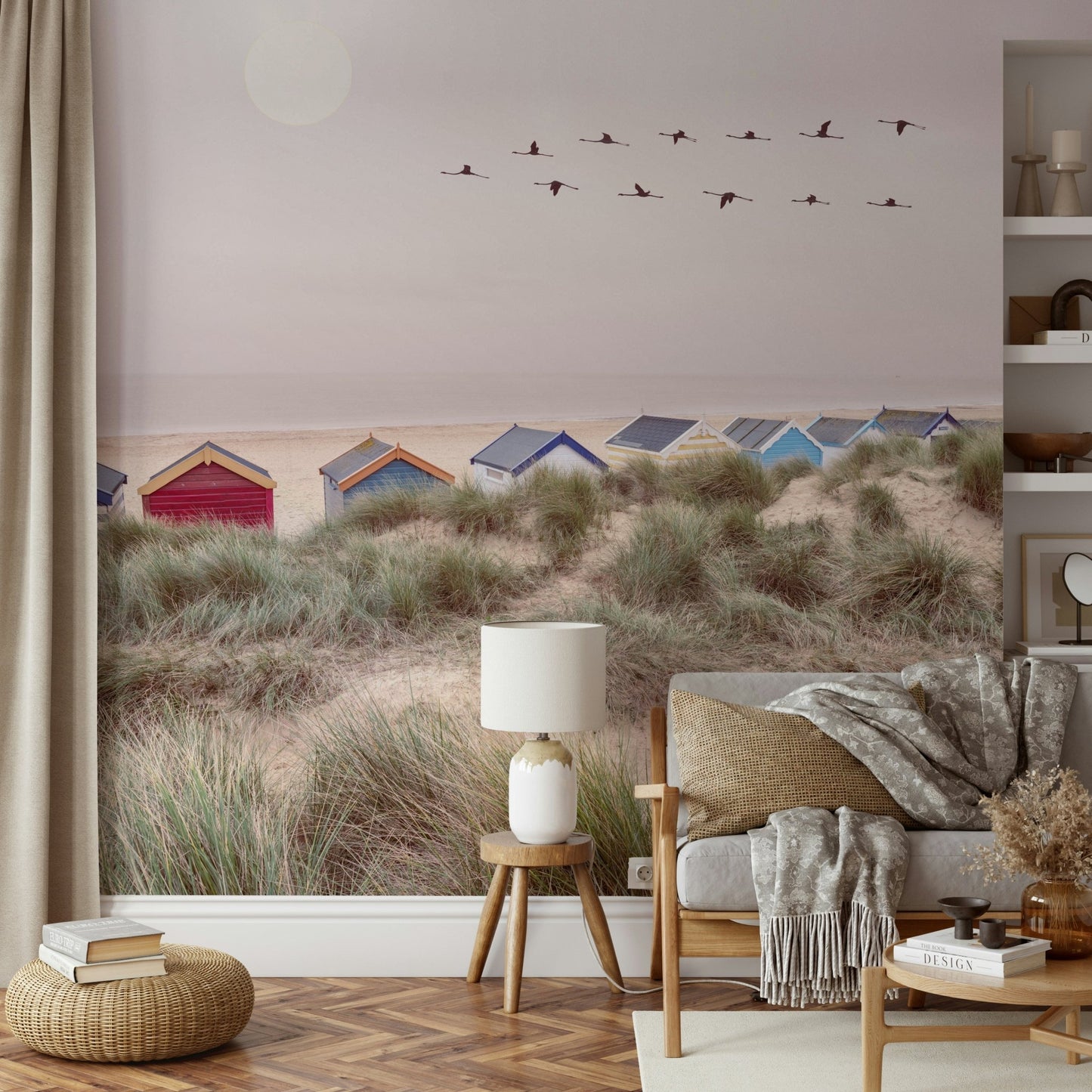 Beach view wall mural with gentle waves and golden sand

