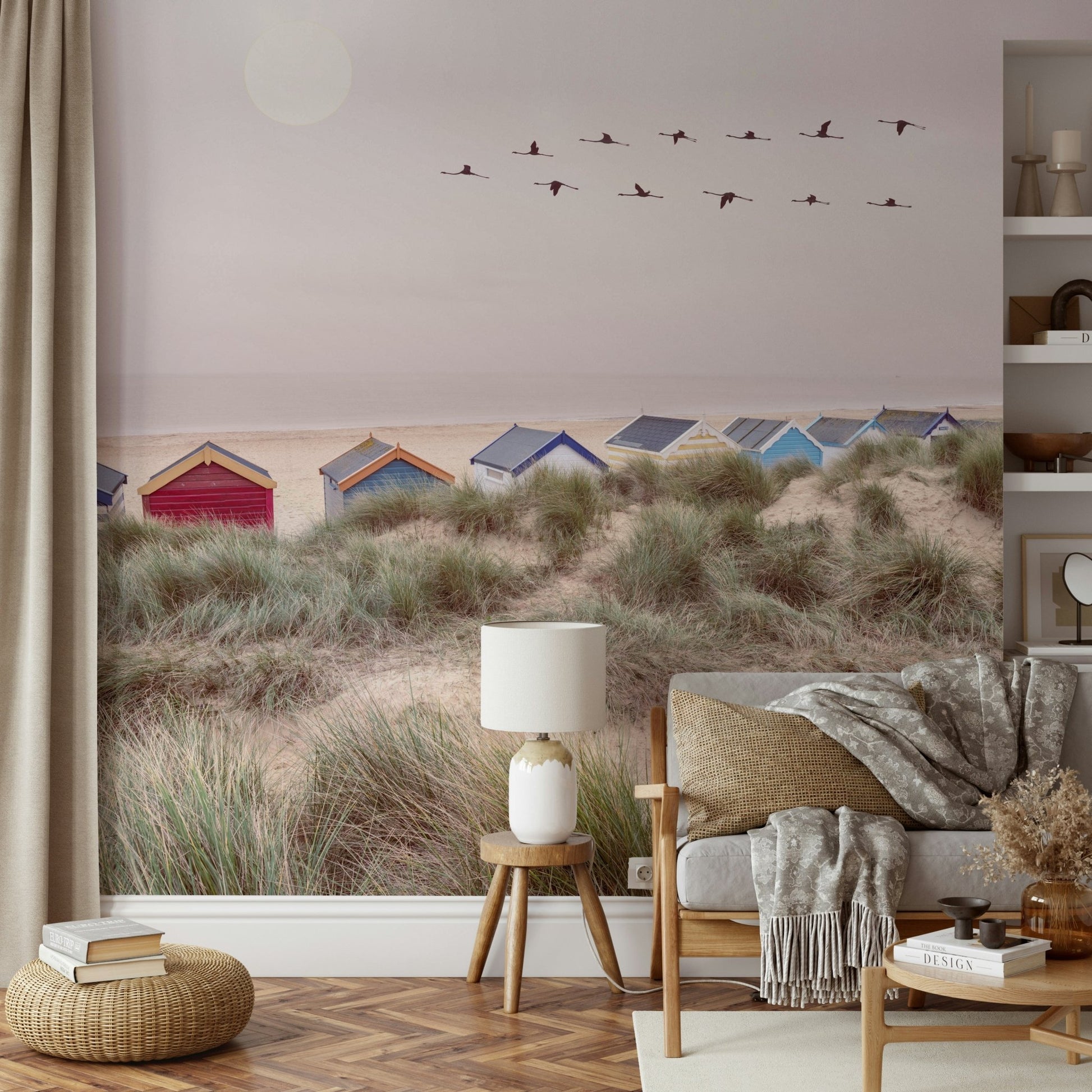 Beach view wall mural with gentle waves and golden sand

