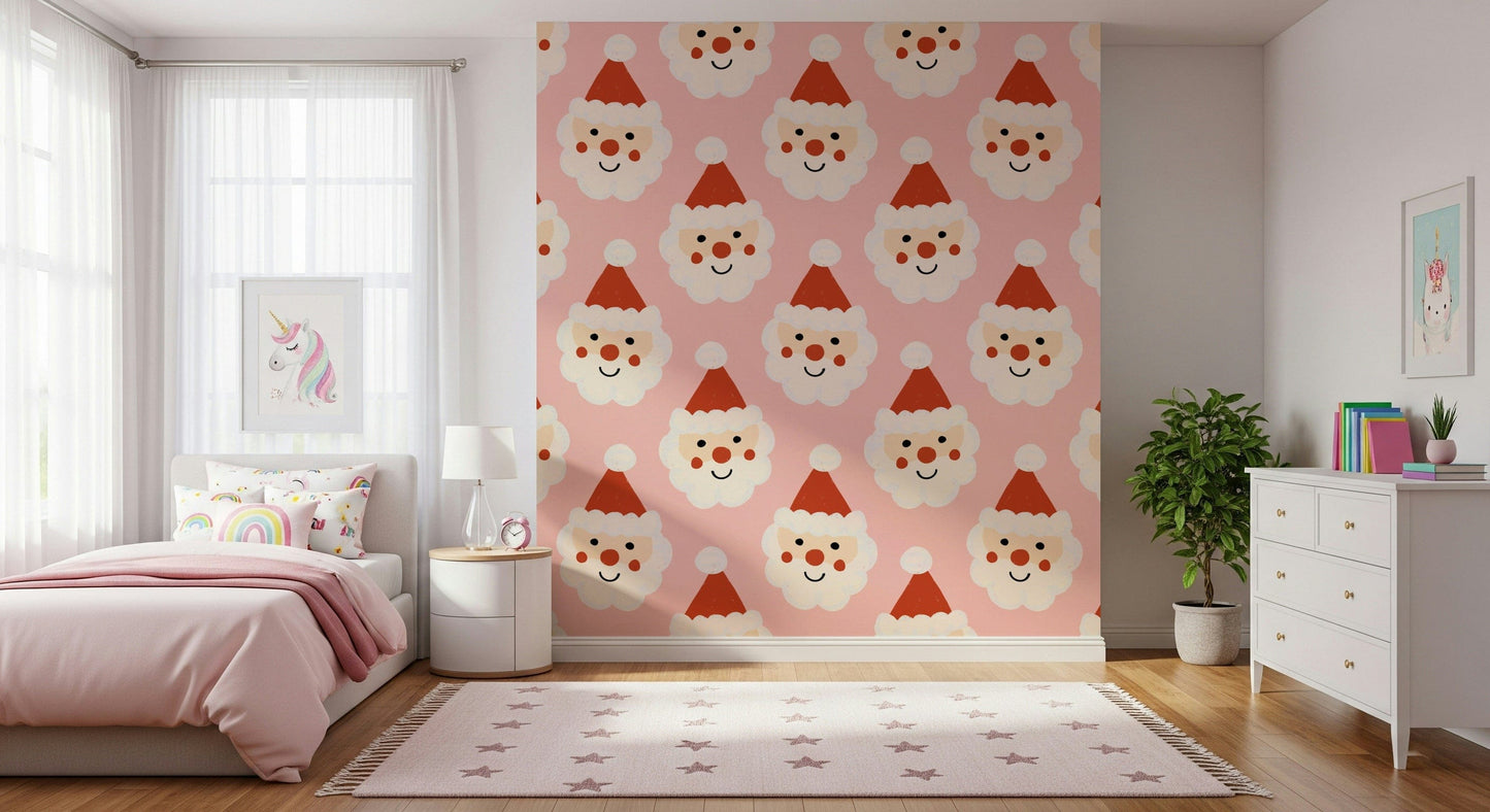Whimsical Santa Claus faces on Santa Smiles Wallpaper.