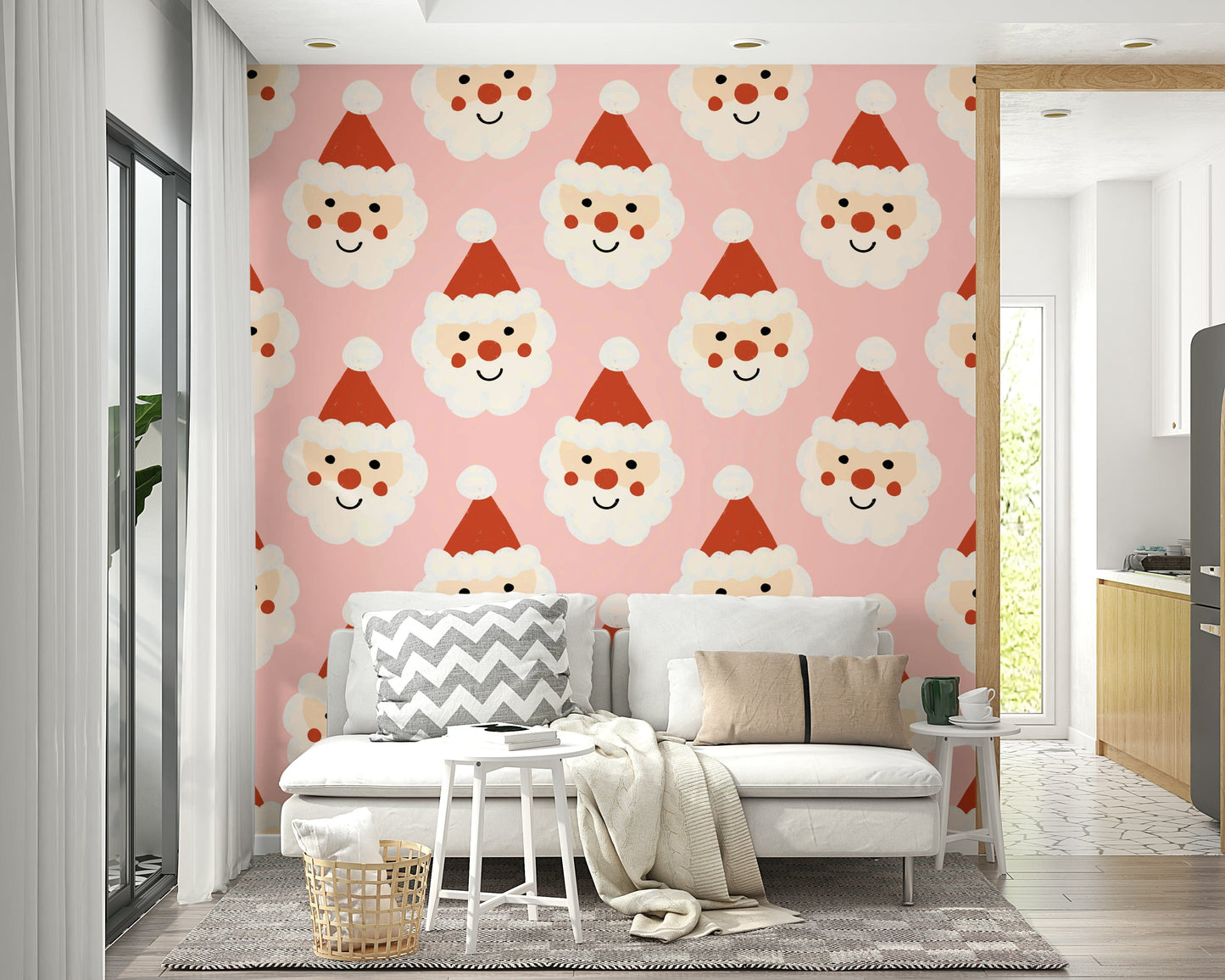 Charming Christmas pattern of Santa Smiles Wallpaper on pink.
