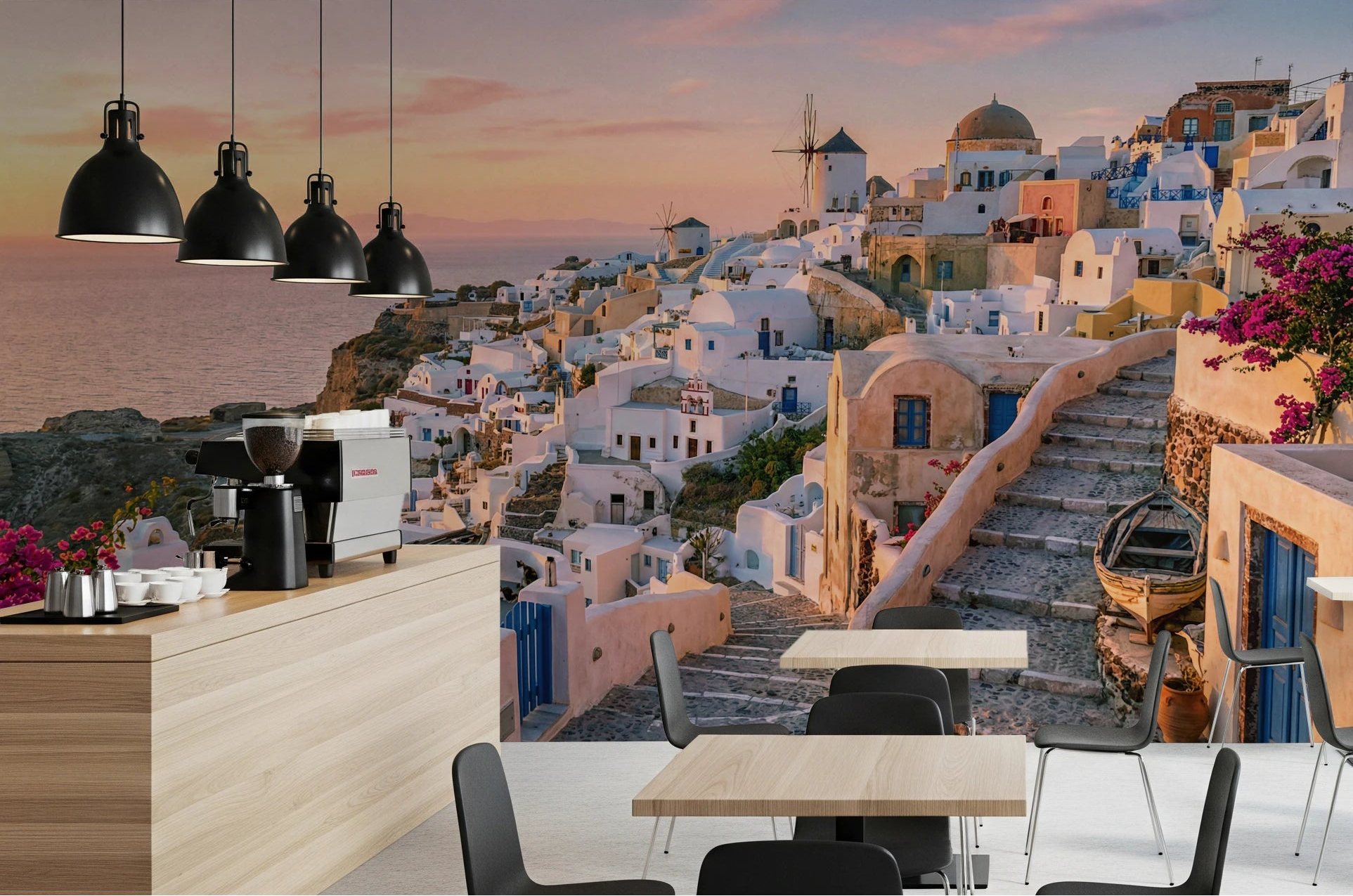 Kitchen dining space styled with Santorini Sunset wall mural and coastal village view, GD8569