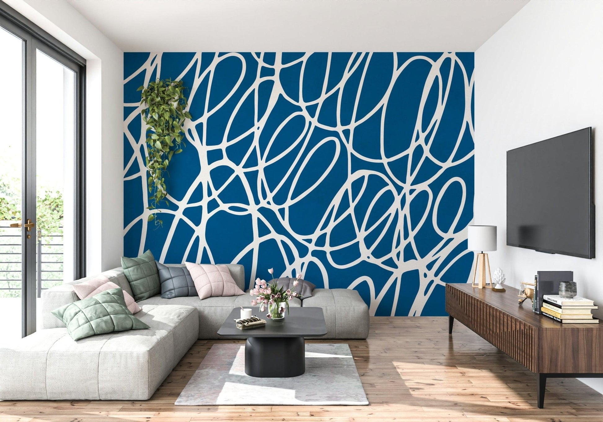 Dynamic Sapphire Scribbles wall mural expressive interwoven circular shapes.
