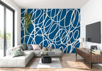 Dynamic Sapphire Scribbles wall mural expressive interwoven circular shapes.