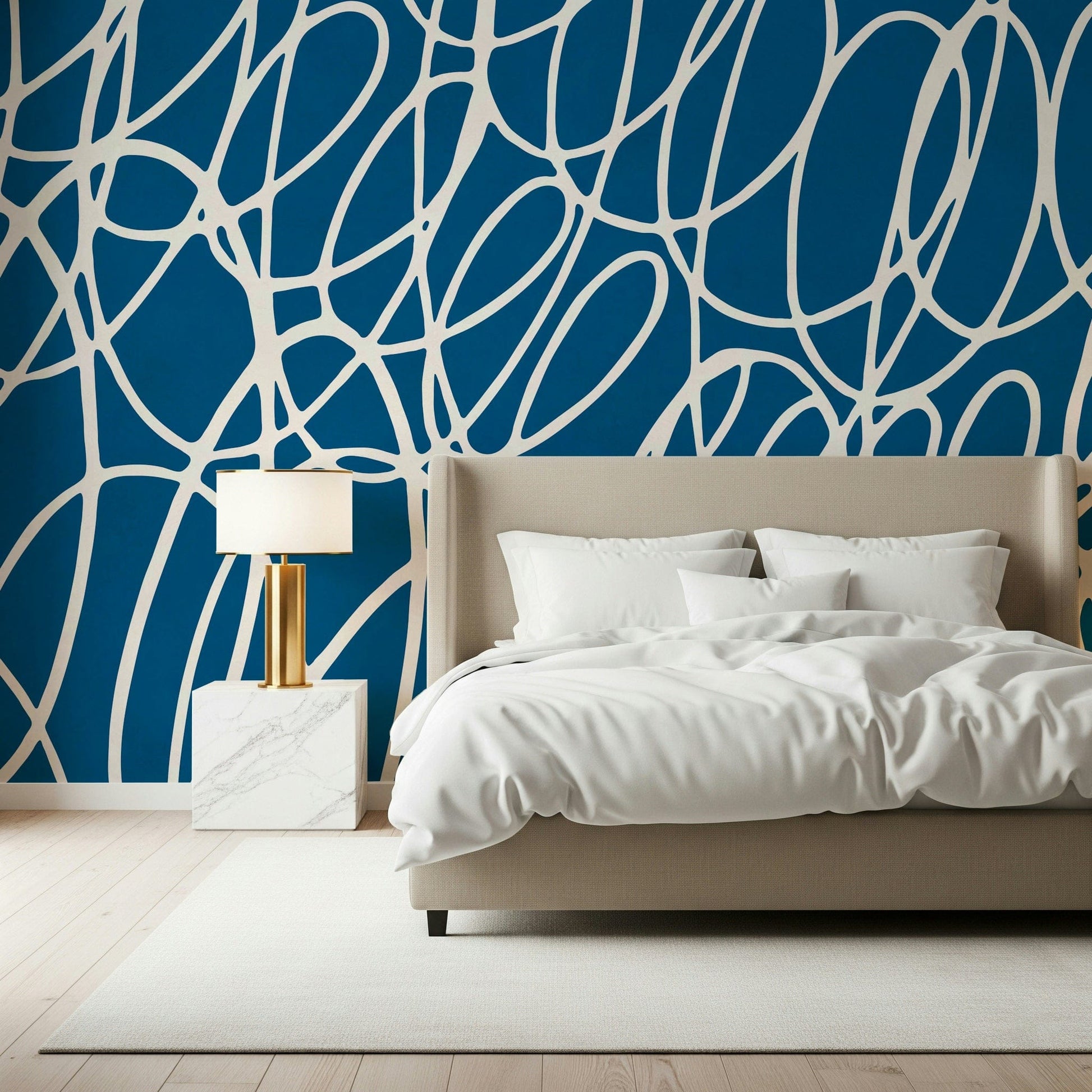 Modern Sapphire Scribbles peel and stick wallpaper energetic hand drawn motif.