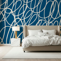 Modern Sapphire Scribbles peel and stick wallpaper energetic hand drawn motif.