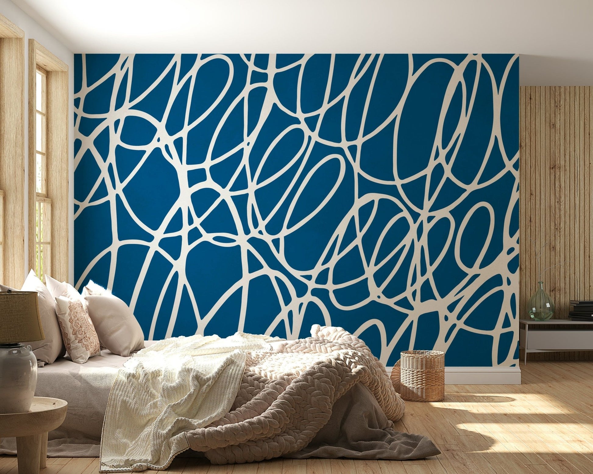 Intense Sapphire Scribbles peel and stick wall covering bedroom backdrop solution.