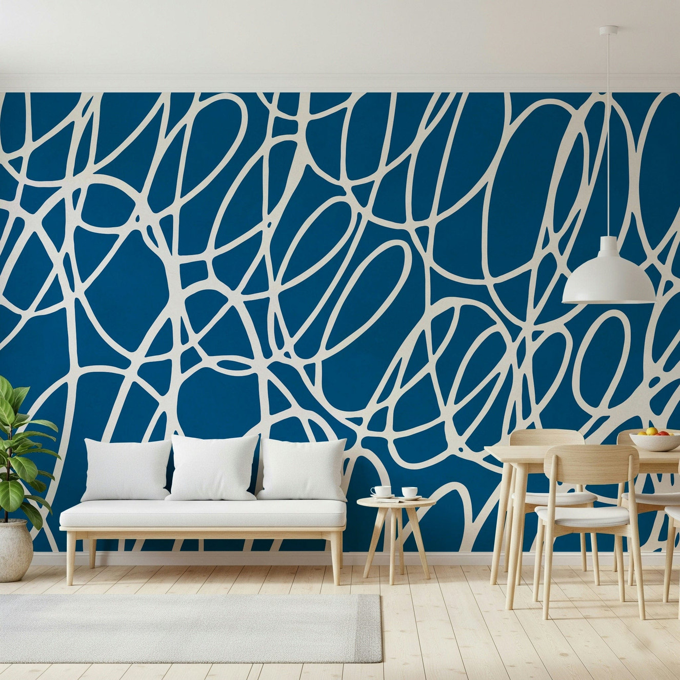Artistic Sapphire Scribbles wall mural white looping lines vibrant backdrop.
