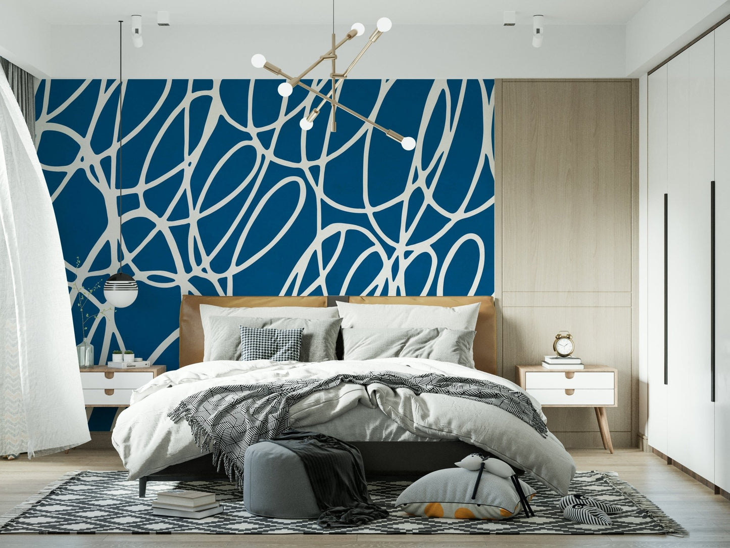 Funky Sapphire Scribbles wall covering contemporary doodle graphic design.