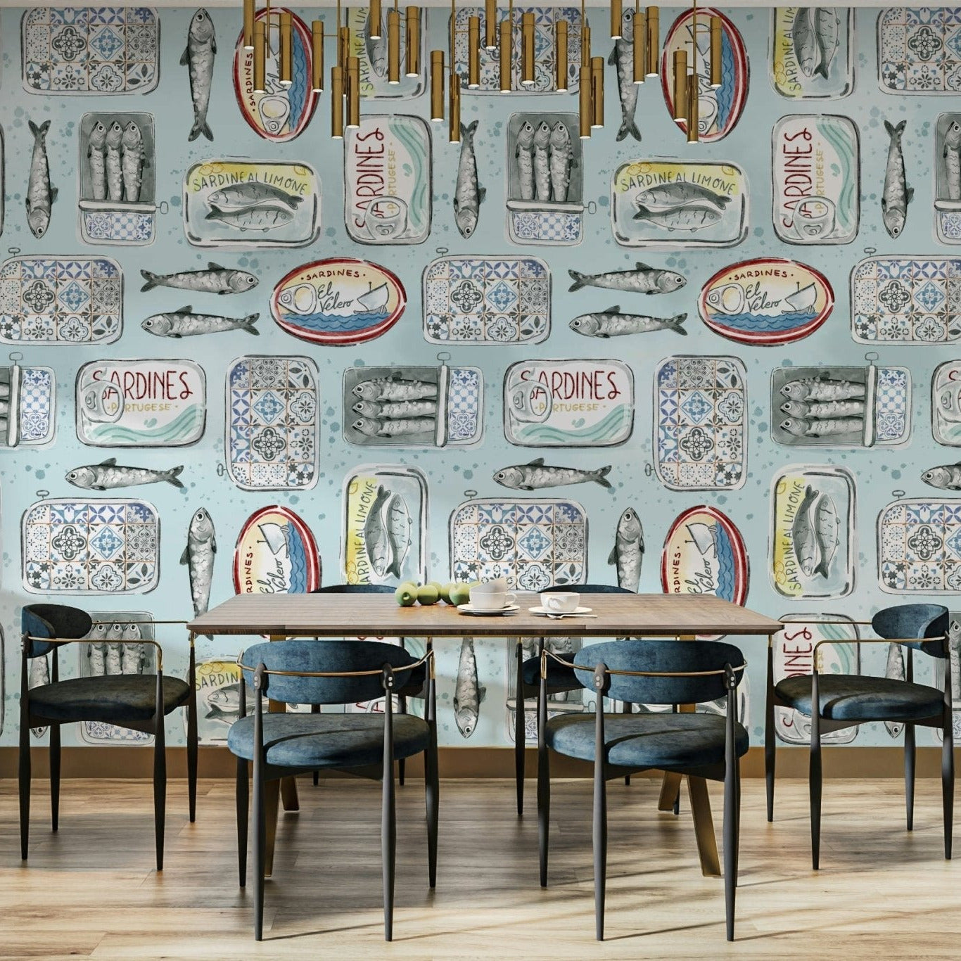 cafe wall mural with sardine tins