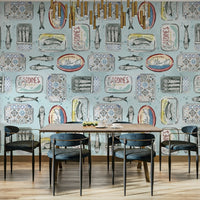 cafe wall mural with sardine tins