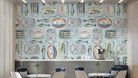 kitchen wallpaper with fish tins