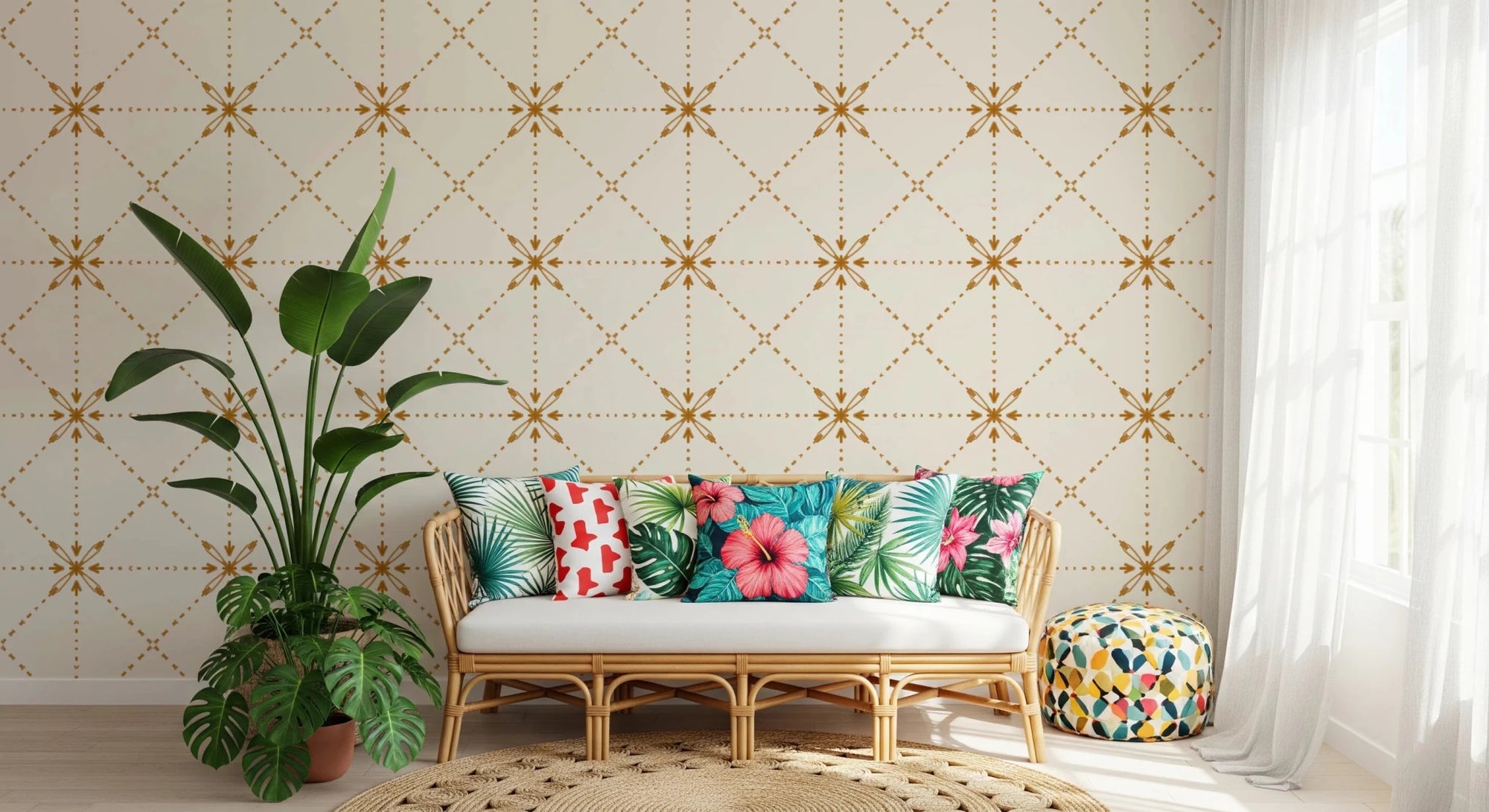 A modern hallway space with Sashiko Hana-Goshi gold wallpaper grid, GD8771