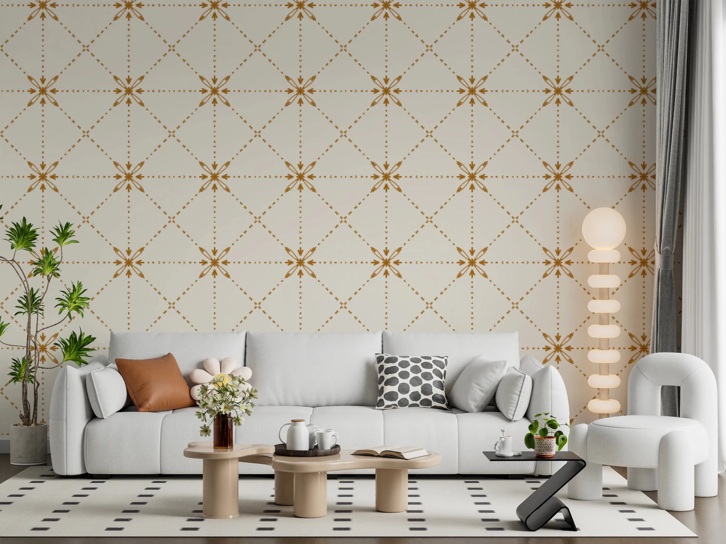 Symmetrical Sashiko Hana-Goshi motifs with rich gold stitch lines