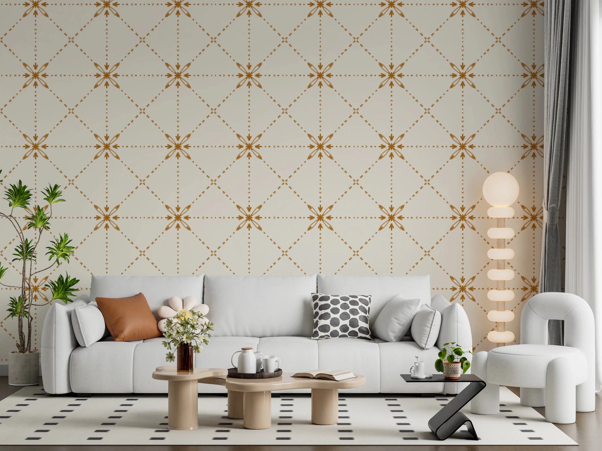 Symmetrical Sashiko Hana-Goshi motifs with rich gold stitch lines