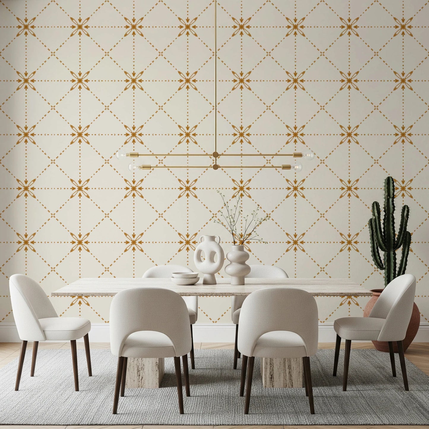 Repeating Sashiko Hana-Goshi stitch lattice across warm gold wallpaper