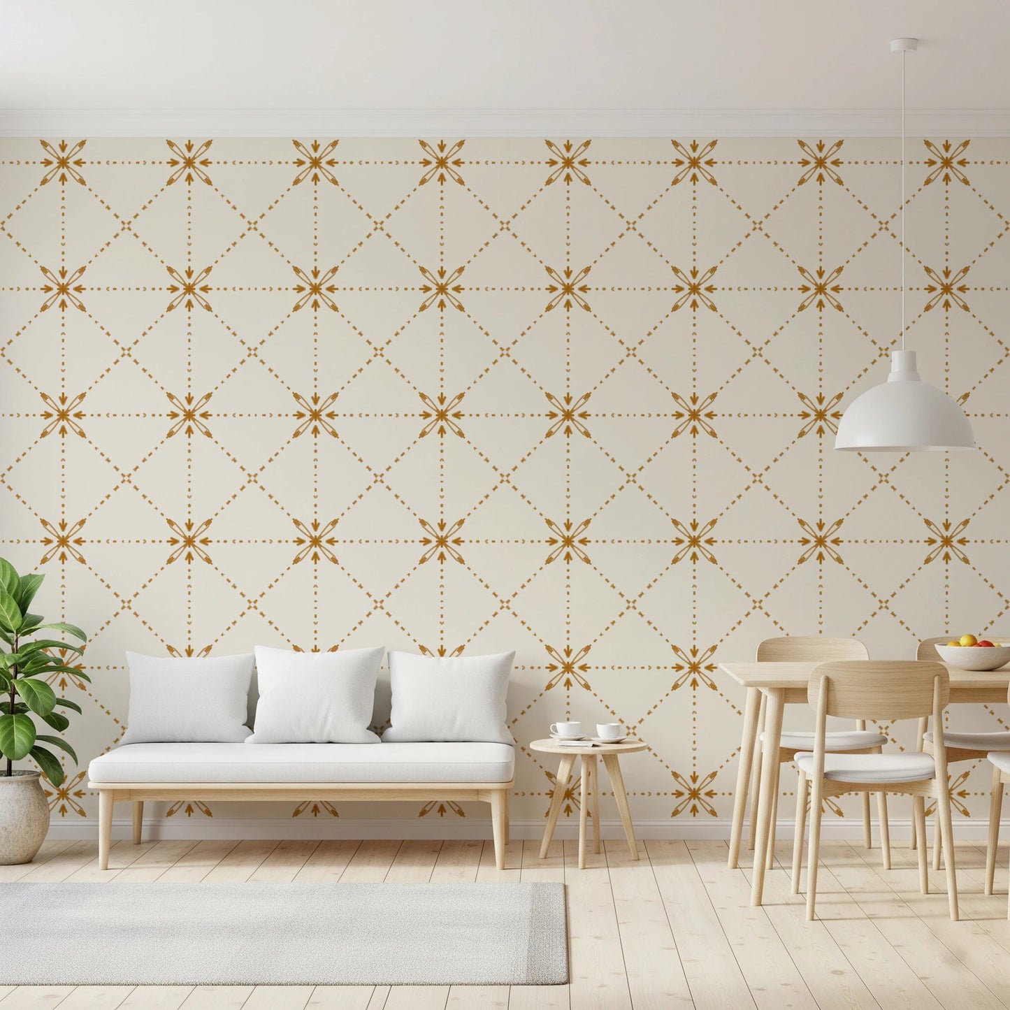 Delicate Latticed Flower Stitch detailing on smooth gold wallpaper