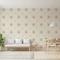 Delicate Latticed Flower Stitch detailing on smooth gold wallpaper