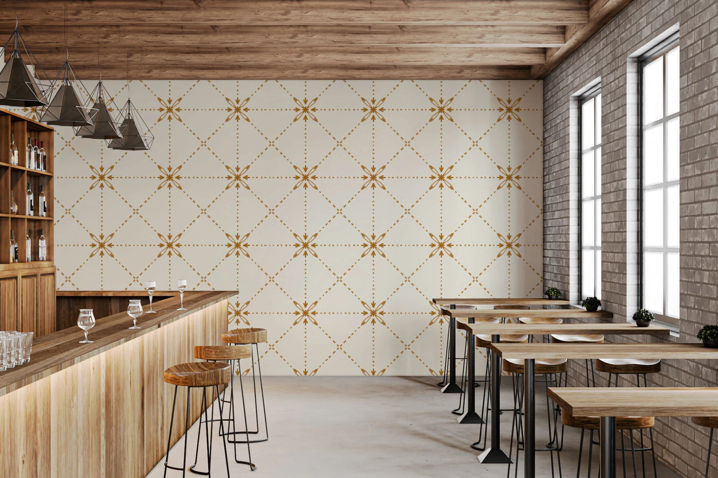 A cafe area backdrop with Sashiko Hana-Goshi gold wallpaper pattern