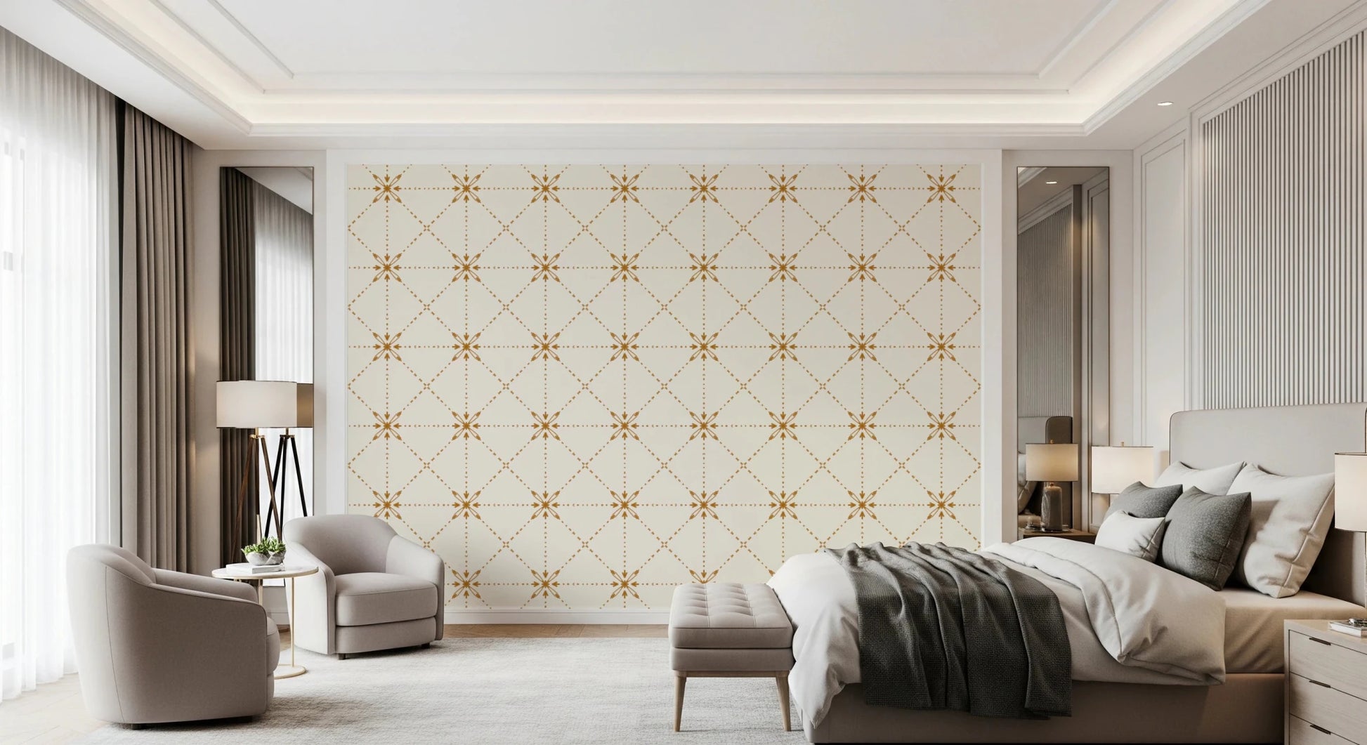 Light-toned surface with Latticed Flower Stitch gold wallpaper flow