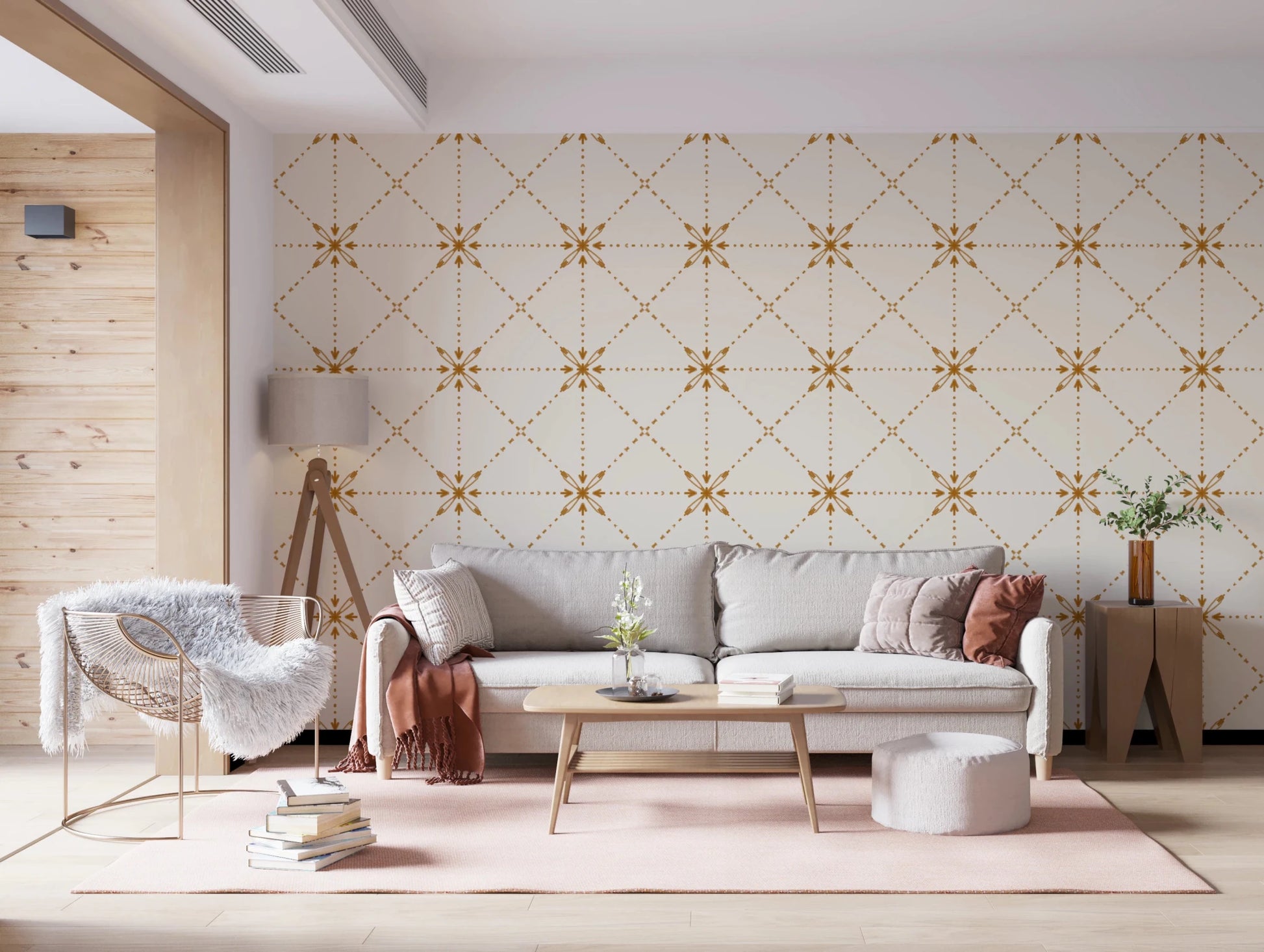 Soft living room setting using Latticed Flower Stitch gold wallpaper