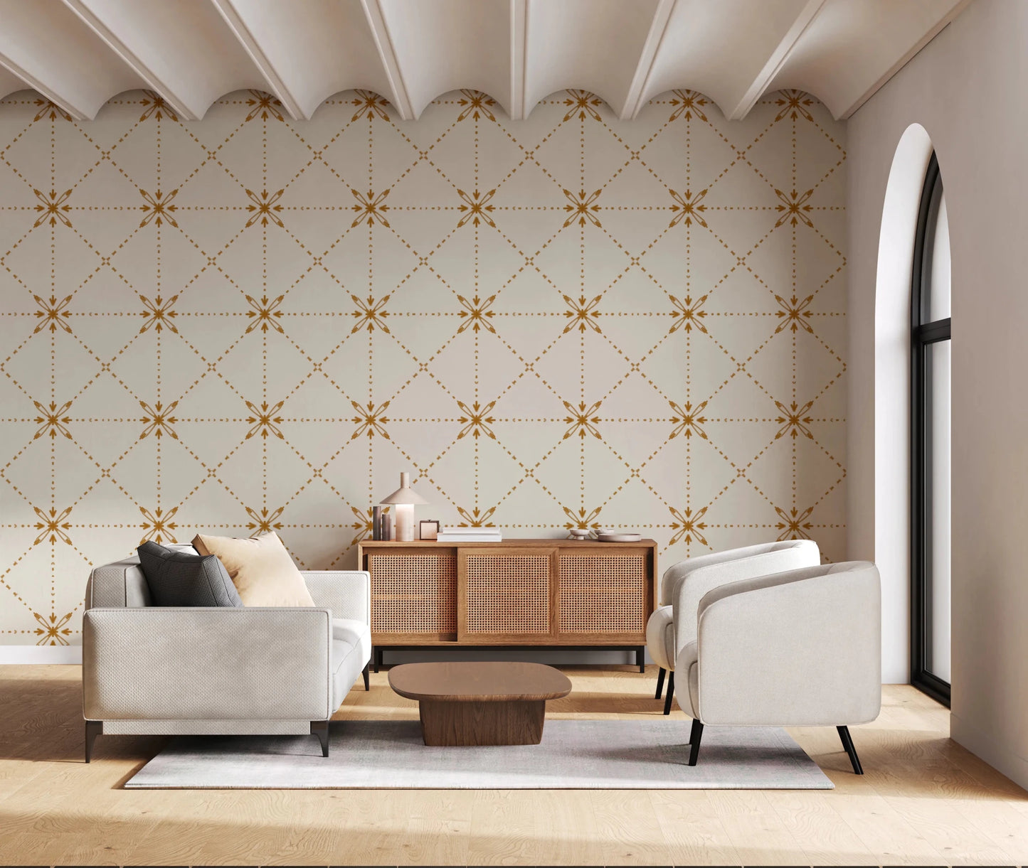 Floral nodes forming Sashiko Hana-Goshi pattern on gold wallpaper