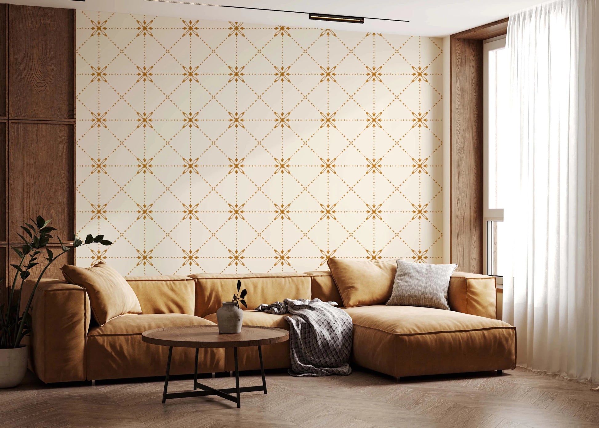 A living area setup styled in Latticed Flower Stitch gold wallpaper