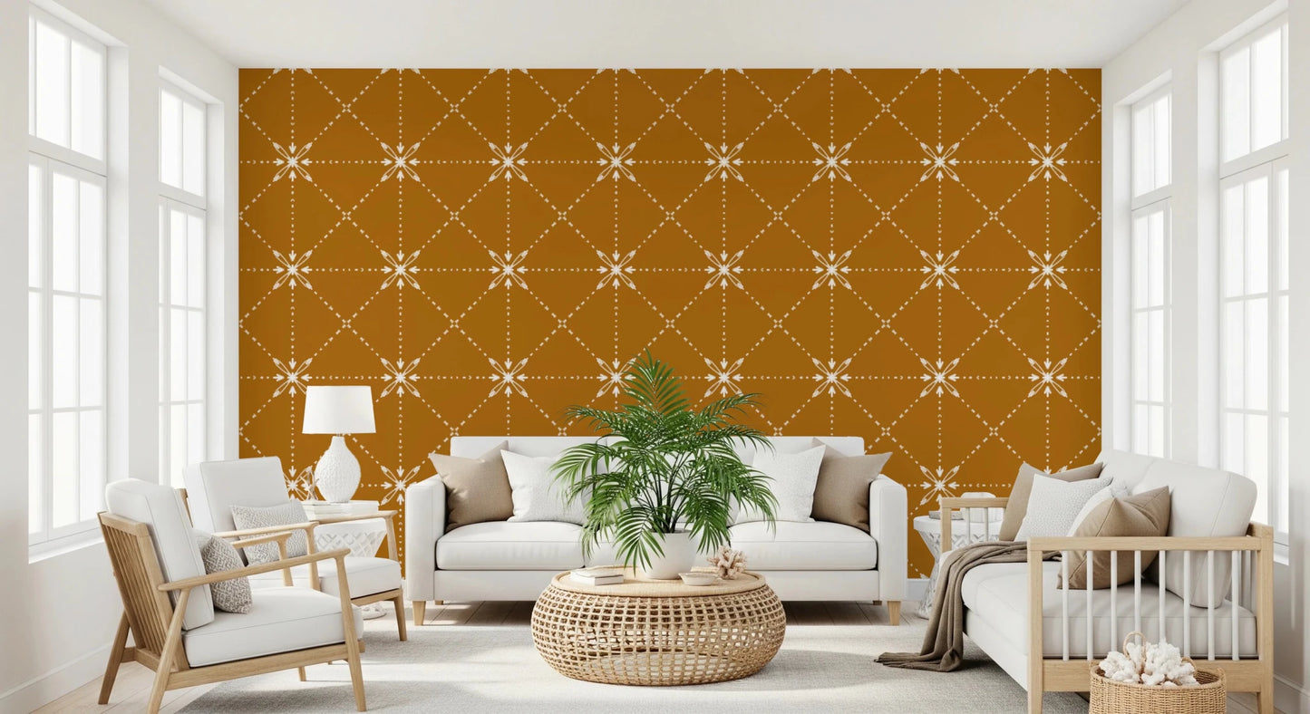 Structured latticed flower stitch on rich gold wallpaper, GD8776