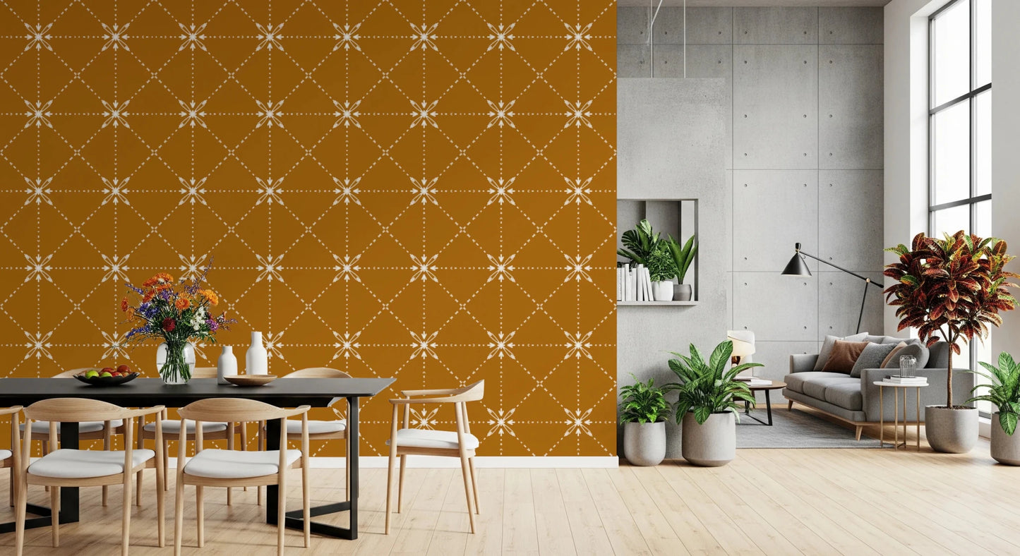 Dining room with Sashiko Hana-Goshi gold wallpaper pattern, GD8776