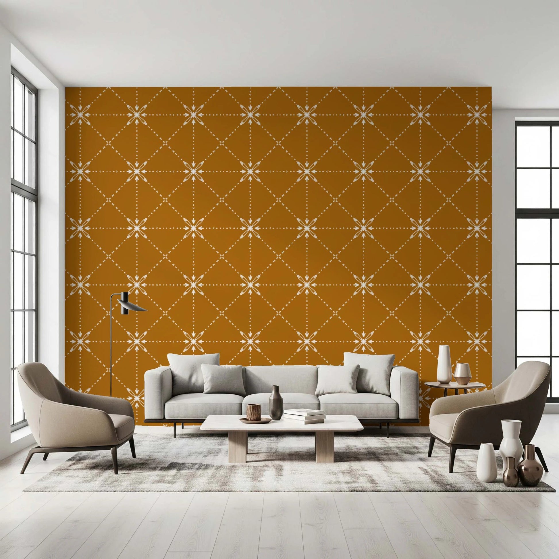 Sashiko Hana-Goshi motif on warm gold wallpaper repeat, GD8776