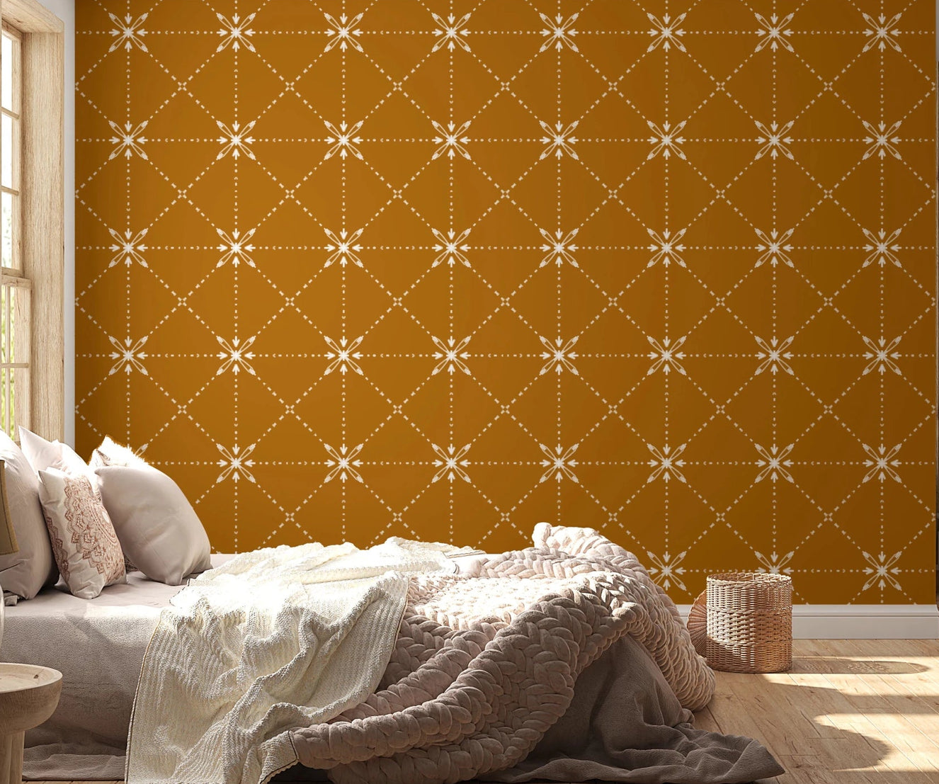 Bedroom with Sashiko Hana-Goshi gold wallpaper lattice