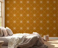 Bedroom with Sashiko Hana-Goshi gold wallpaper lattice, GD8776