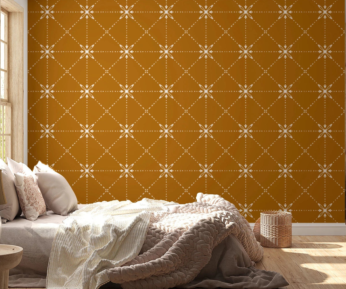 Bedroom with Sashiko Hana-Goshi gold wallpaper lattice, GD8776