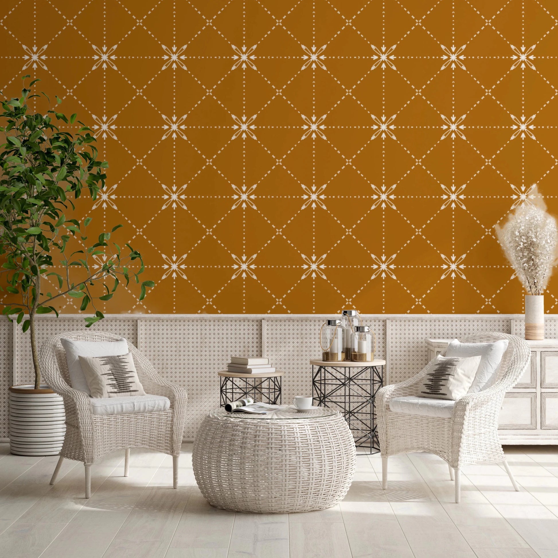 Refined latticed flower stitch detail on gold wallpaper, GD8776