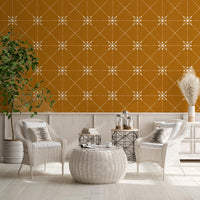 Refined latticed flower stitch detail on gold wallpaper, GD8776