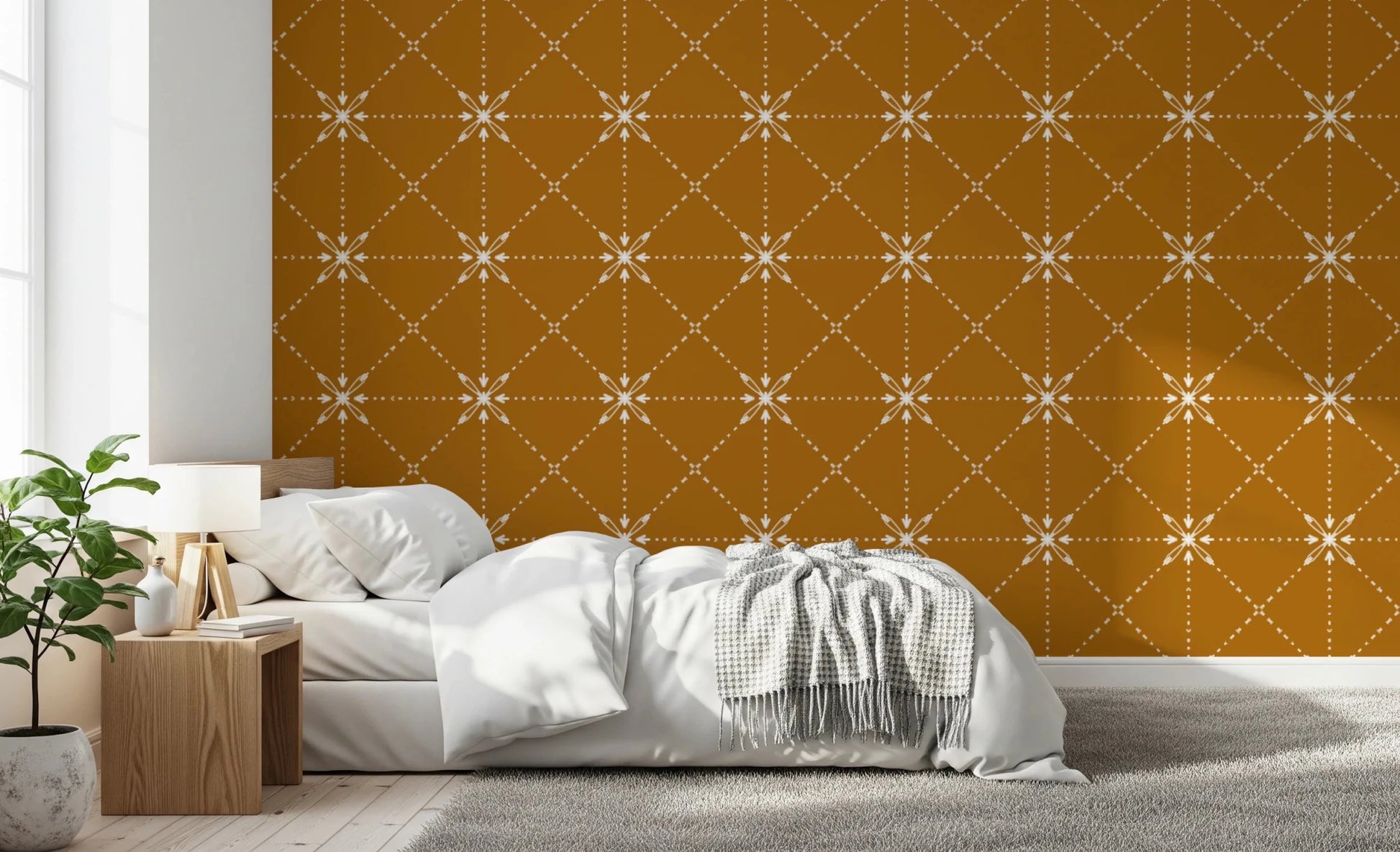 Geometric Sashiko Hana-Goshi on elegant gold wallpaper, GD8776