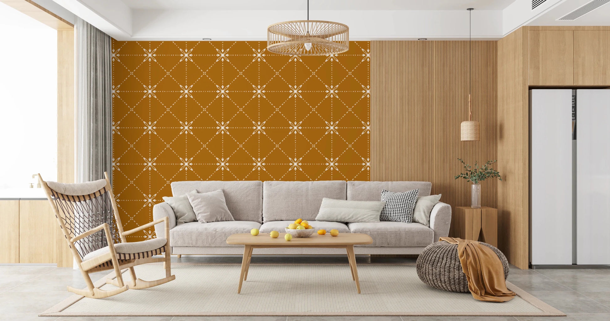 Traditional Sashiko Hana-Goshi layout on gold wallpaper, GD8776