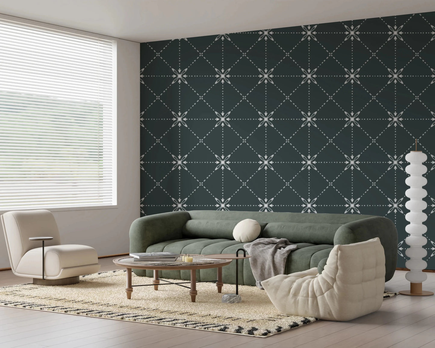Latticed flower stitch pattern wallpaper with floral nodes and grid structure, GD8777