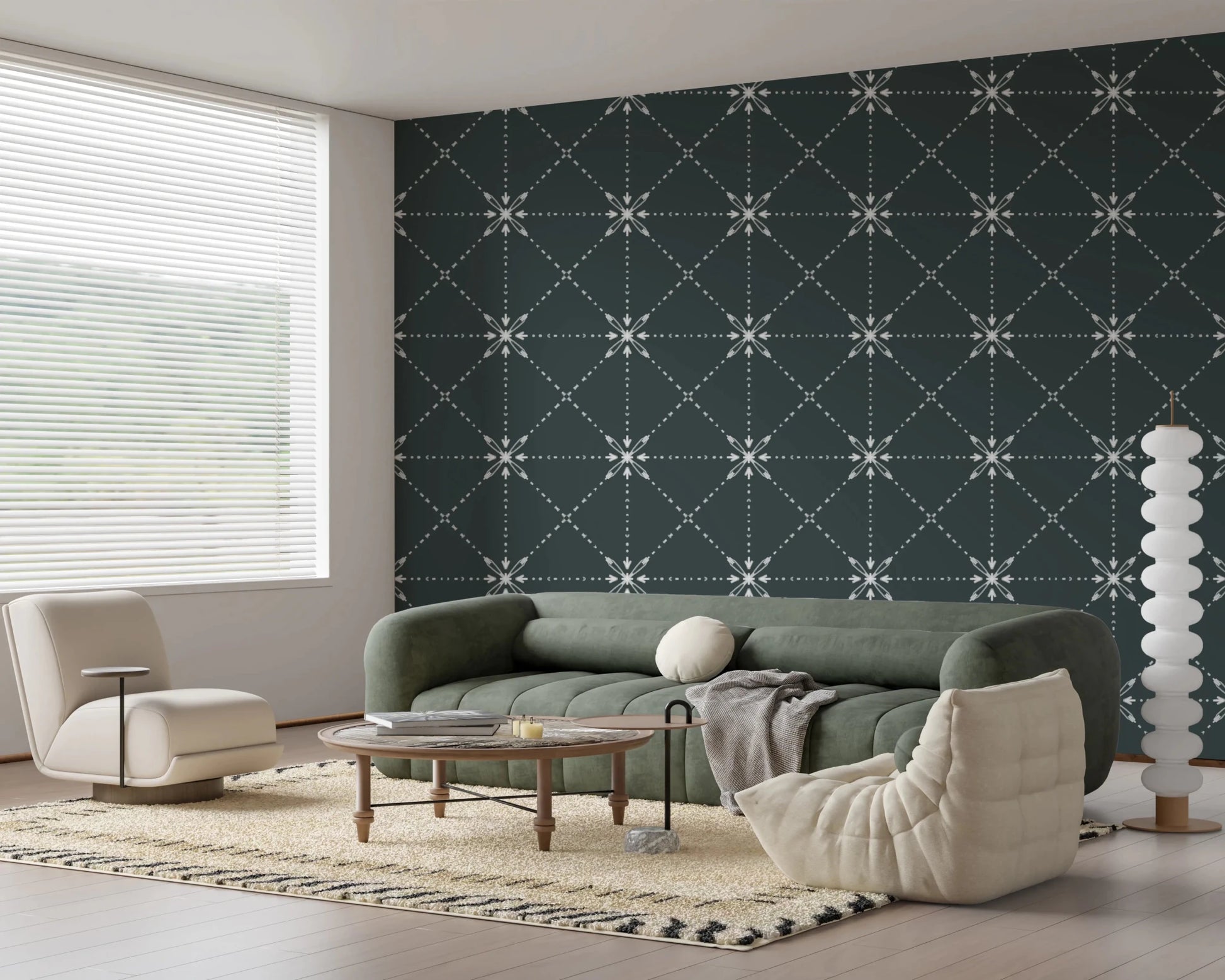 Latticed flower stitch pattern wallpaper with floral nodes and grid structure, GD8777