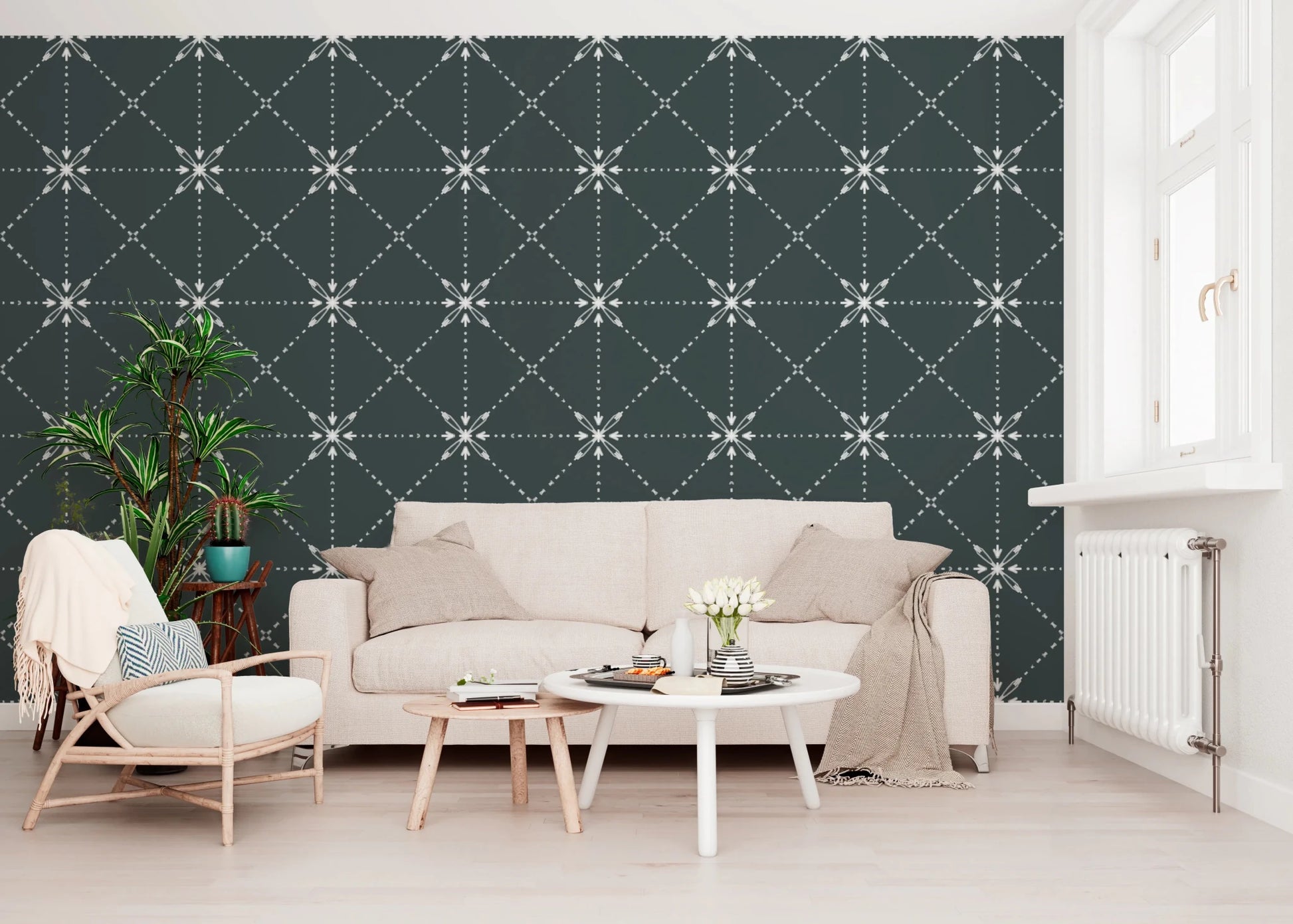 Study room featuring Sashiko Hana-Goshi wallpaper with stitched floral grid, GD8777